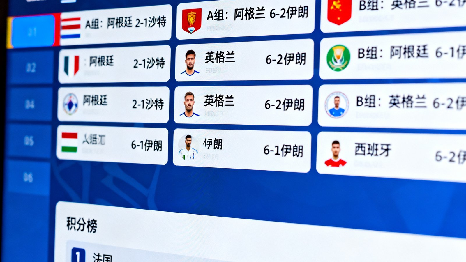 高清世界杯比分Hero展示：实时比分与球队动态界面，屏幕显示多场赛事比分与积分榜